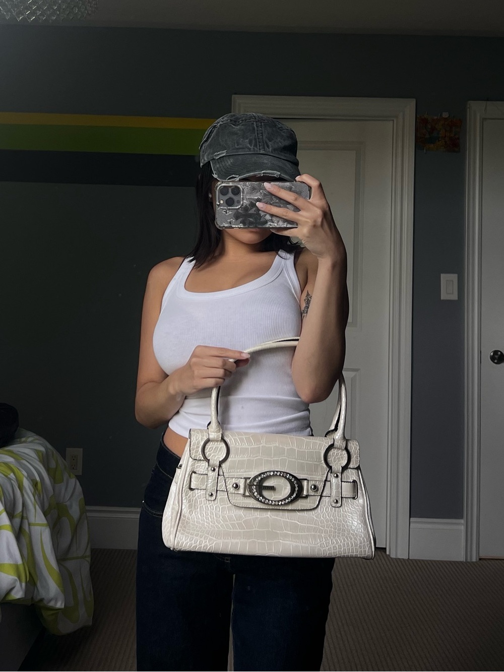Classic Cream Croc-Texture Shoulder Bag